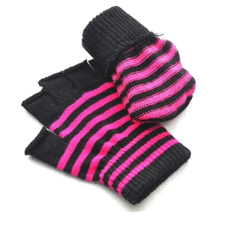 1Pair Black Red Stripe Half Finger Fingerless Gloves for Women Men Knit Wrist Winter Warm Outdoor Gothic Lolita Style Mittens
