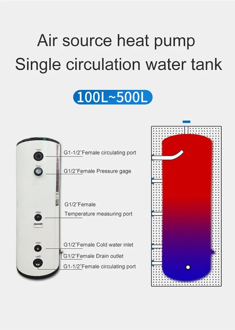 300l Water source air to water evi heat pump hot water heater mini buffer tank