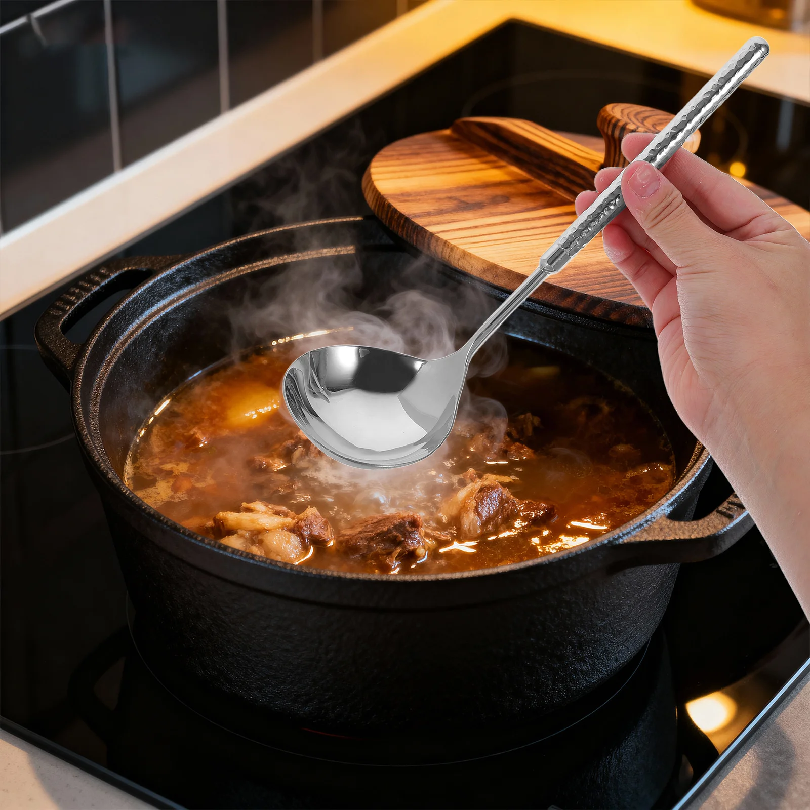 

Heat Resistant Stainless Steel Long Handle Soup Spoon Kitchen Tool for Cooking and Serving Non Slip Grip Dishwasher Safe