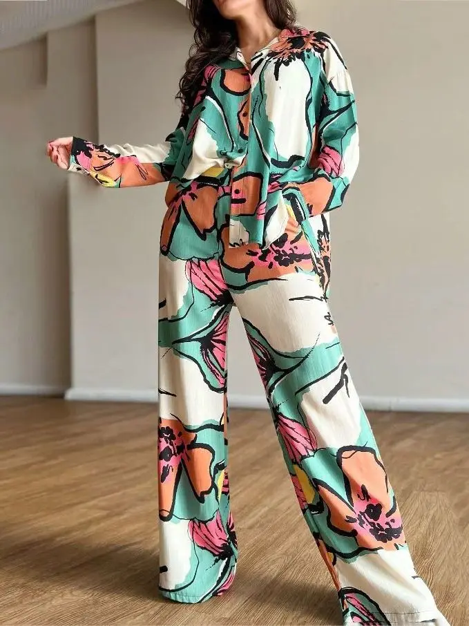 2 Pieces Women\'s Pajamas Sets Summer Spring Flower Print Blouse Shirt Suit Tops Pants Home Suits Two Piece Set Tracksuit Outfit