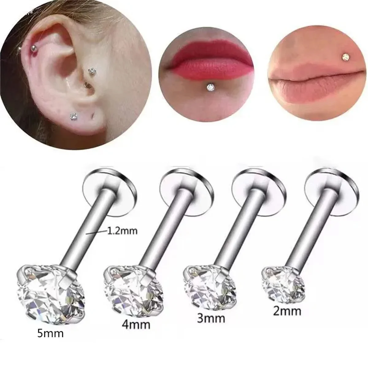 3Pcs 16G Fashion Stainless Steel Labret Piercing Jewelry Crystal CZ Monroe Nose Lip Studs Helix Tragus Conch Cartilage Earrings