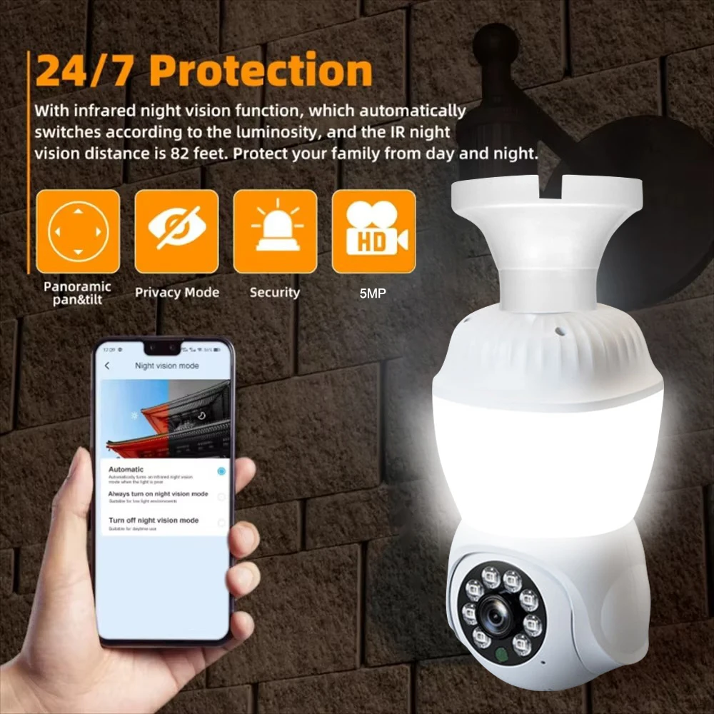 5MP E27 Bulb WiFi Camera Human Detection Two Way Audio Night Vision Surveillance IP Camera 10x Digital Zoom Security Camcorder