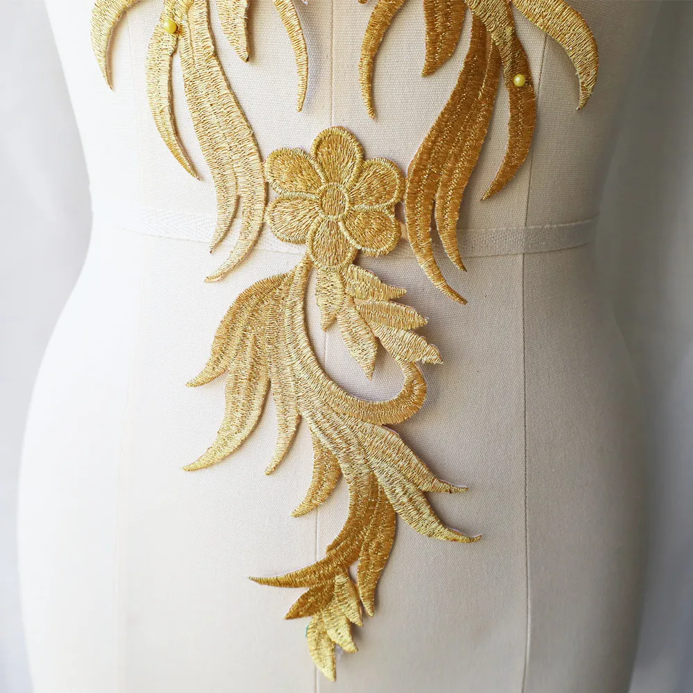 Large Embroidery Baroque Gold Flower Applique Fabric Collar Sew Iron Patch Wedding Bridal Gown Dress DIY Clothes Decor Crafts