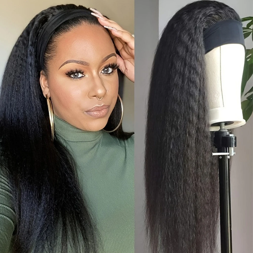 Headband Wig Glueless Human Hair 200% Density Kinky Straight Natural Black Headband Wig Soft Yaki Human Hair Wig for Black Women