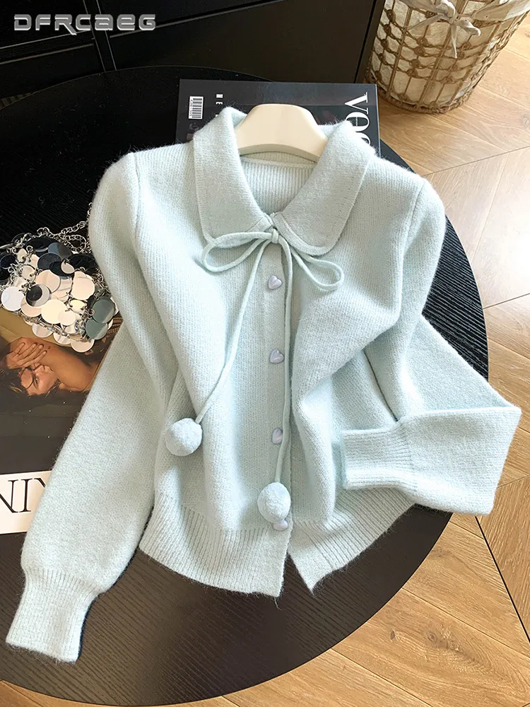Korean Style Women's Knit Cardigan Sweater Autum Winter V-Neck Loose Top with Pom Pom Casual Soft Warm Outwear