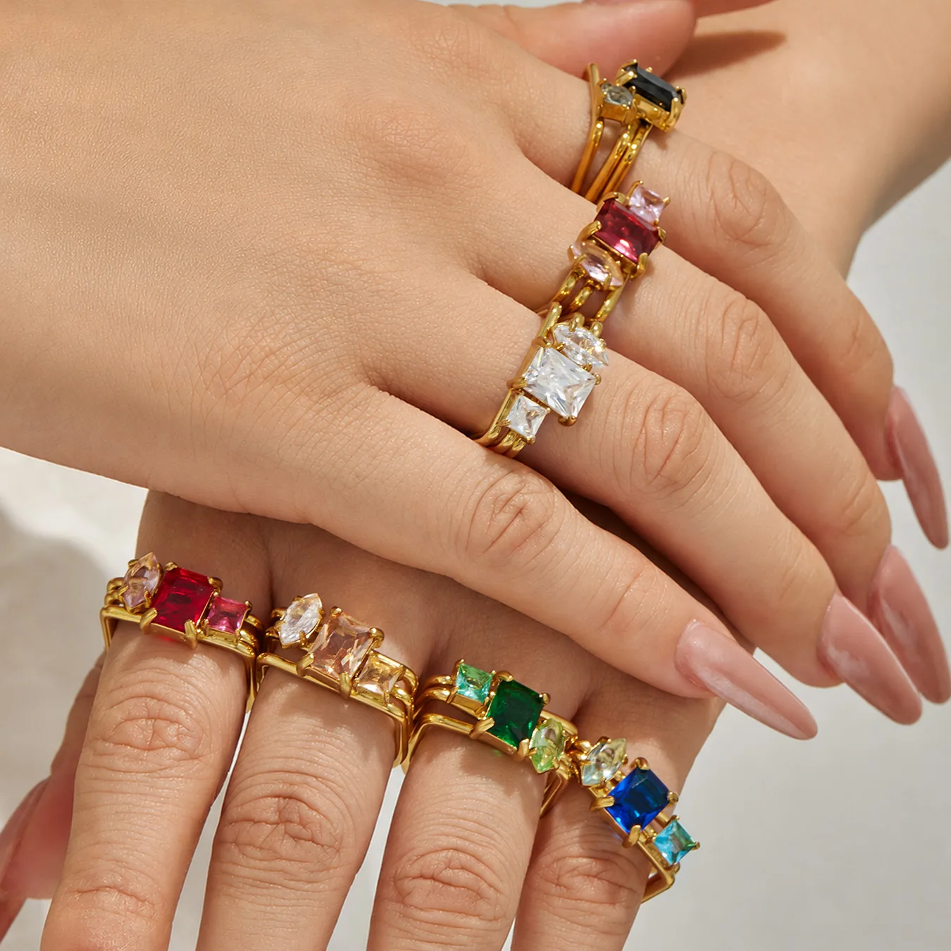 3-teiliges Edelstahlring-Set, 3-in-1 Stapelringe, 18K vergoldete Ringe, bunte Zirkon-Dreifachringe für Damen – Detail 4