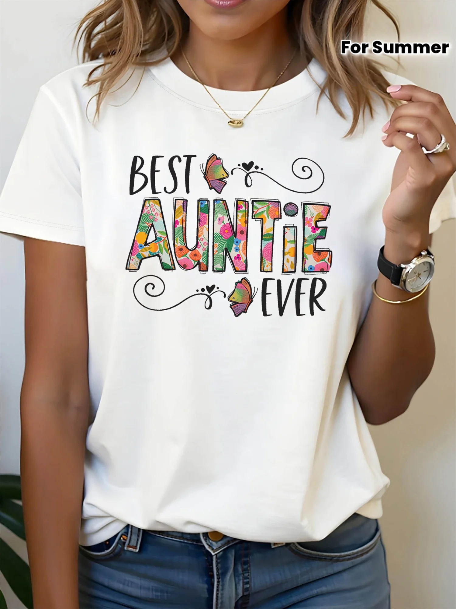 BEST AUNTIE EVER The Most Amazing Aunt Floral Butterfly Pattern Printed T-Shirt Women's Short-Sleeved Round Neck Casual Clothes