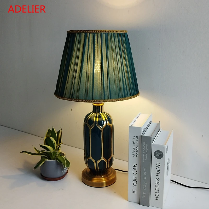 

Blue Sweep gold Ceramic Table Lamps Luxury Bedroom Decor Desk lamp Modern Living Room Foyer Office Study Hotel Lighting fixtures