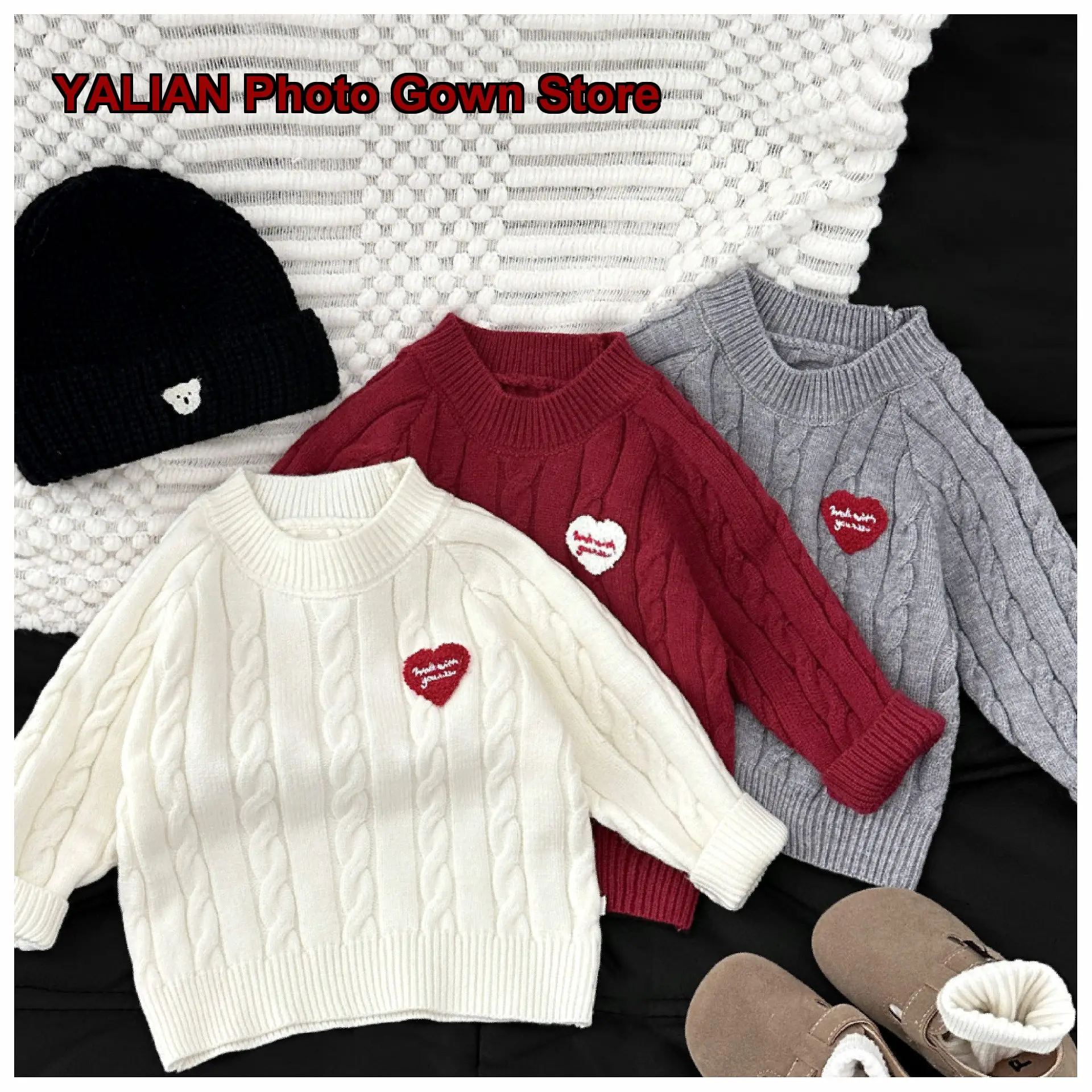 Boys Thickened Knitted Sweater Newborn Infant Autumn Winter Embroidered Heart Cable Pattern