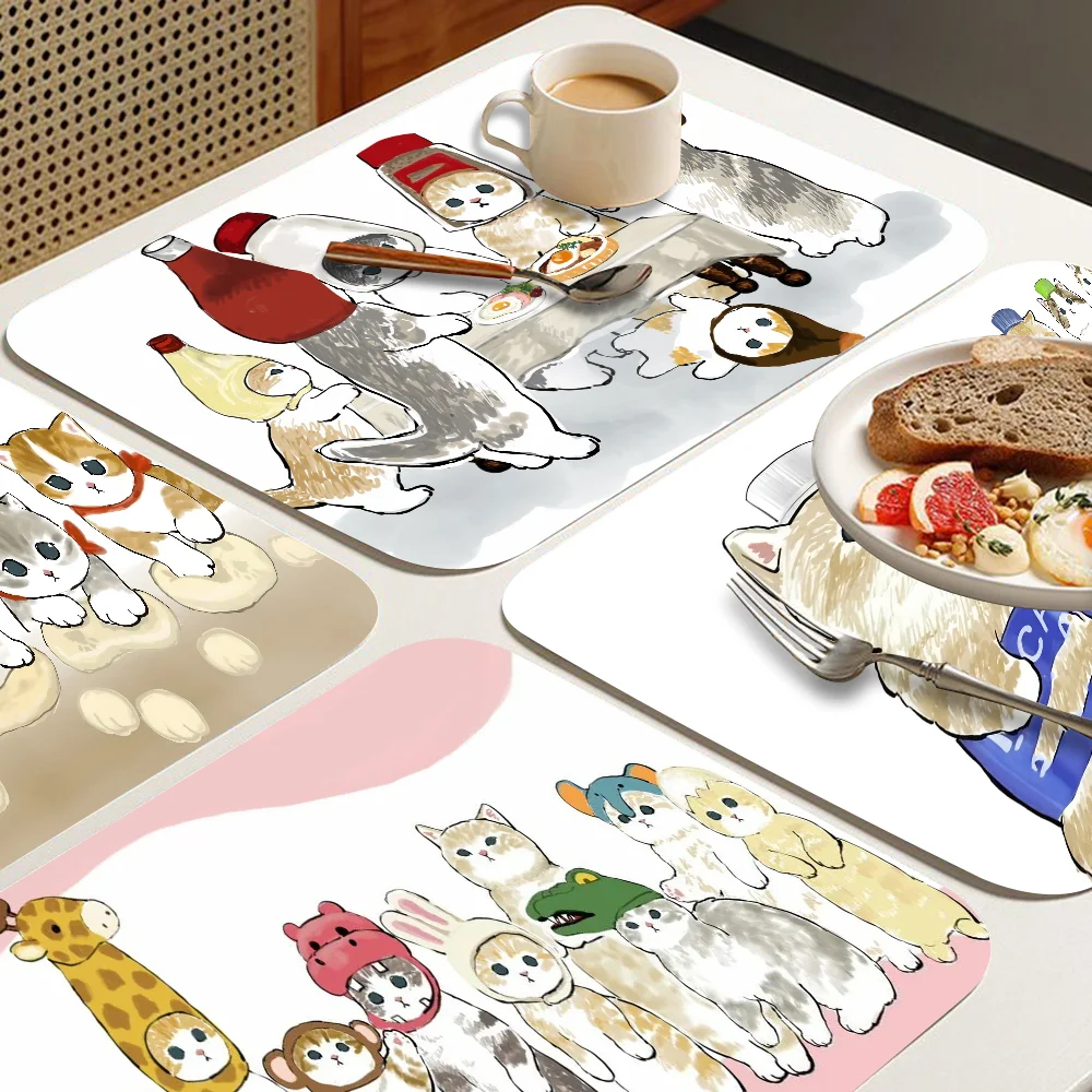Funny Cat M-Mofusand Quick Drying Dish Mat Printed Kitchen Tableware Coffee Draining Pad Dinnerware Cup Bottle Placemat