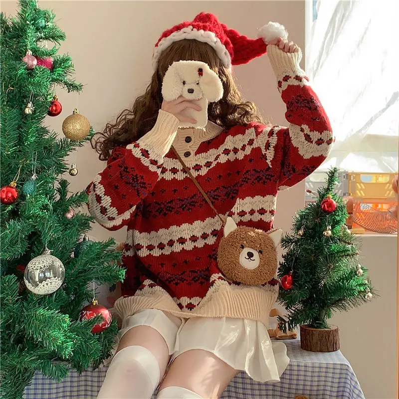 Red Christmas Sweaters Pullovers Women Loose Winter Clothes All-match Harajuku Kawaii Long Sleeve Full Femme O-neck Casual Chic