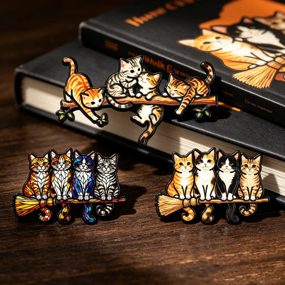 3Styles Black Cats Enamel Pins Cute Bookworm Kitten Paw Brooches Bookish Badge Sunflower Witch Broom Jewelry Gift for Friends