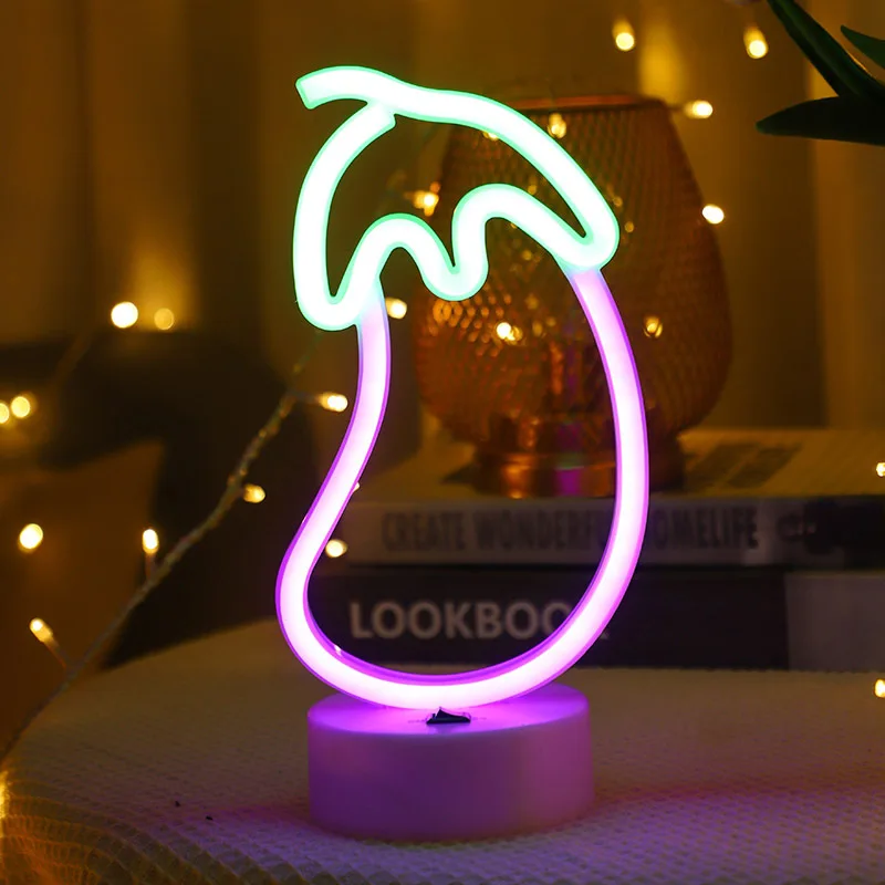 Flame Sign Neon Light LED Fire Flaming Logo Modeling eggplant Lamp Decor Barbecue restaurant Shop Room Wall Table Bar Club Party