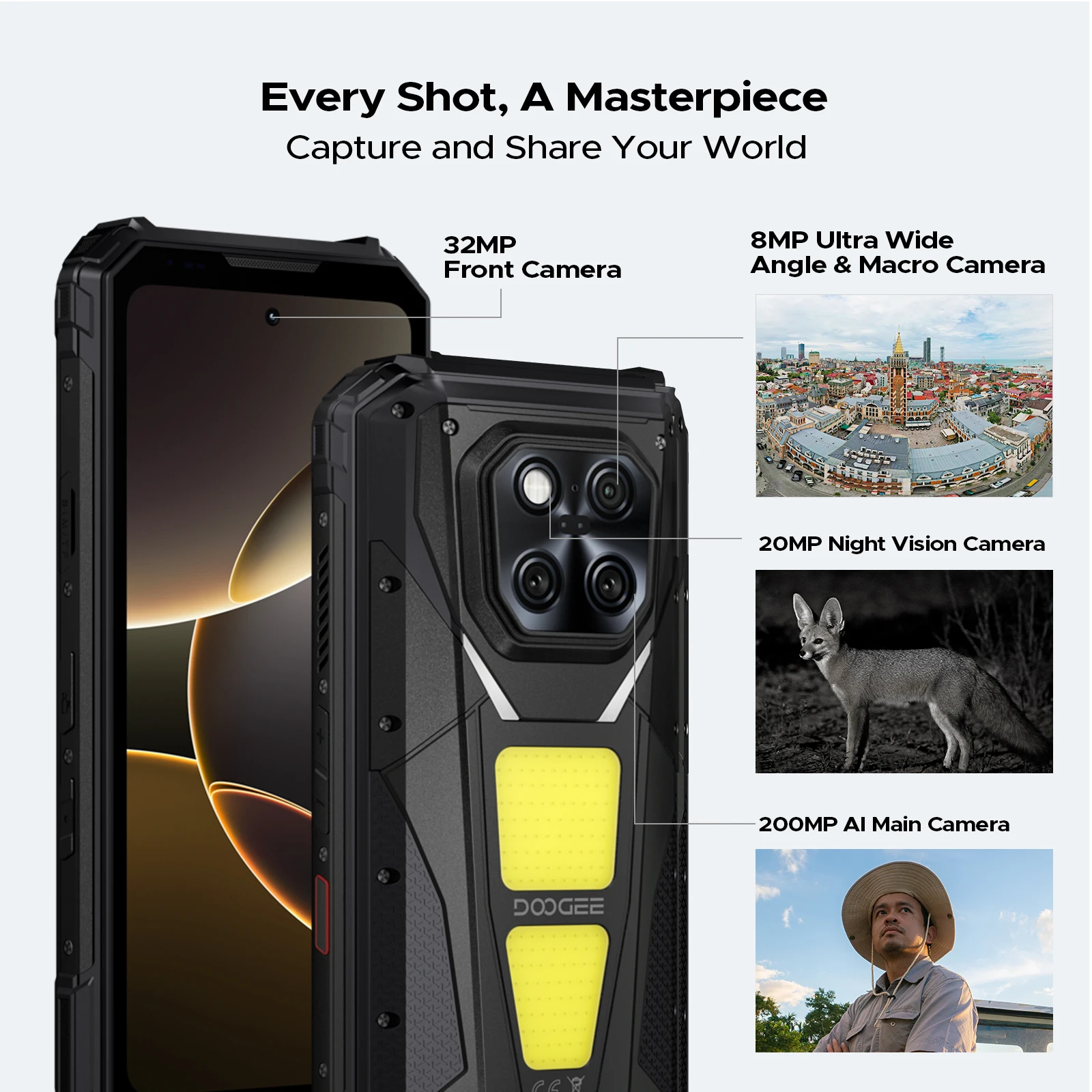 DOOGEE V Max LR 5G هاتف متين ليزر Rangefinder أضواء التخييم المزدوجة 16GB 512GB ROM 6.78 ''عرض 20500mAh بطارية الهاتف الذكي