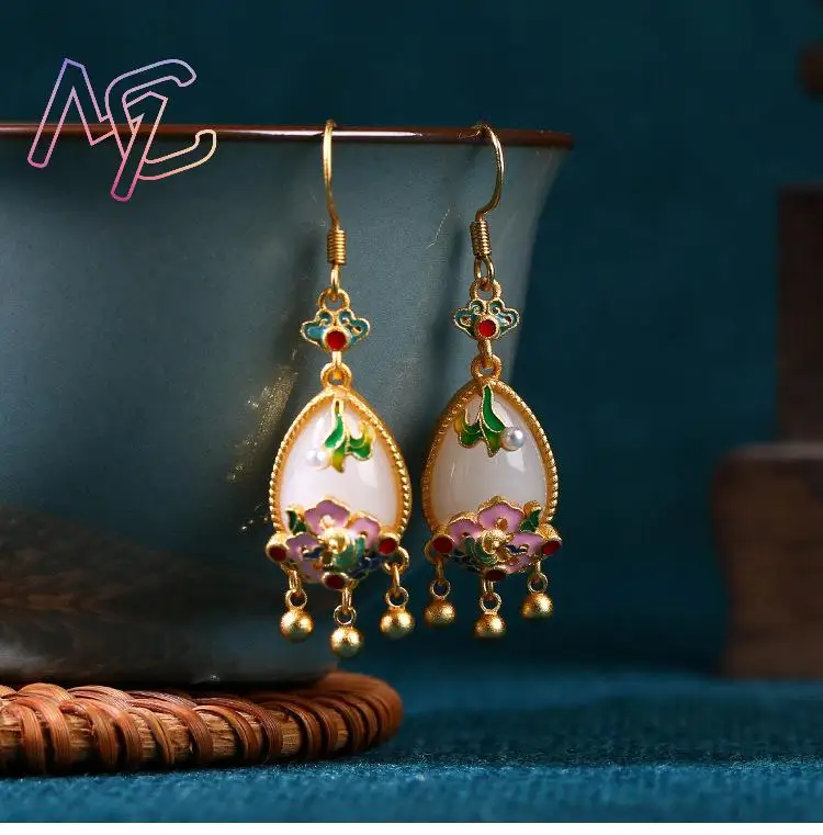 Natural Jade Flower Earrings Charm Amulet Designer Real Jewelry Vintage Accessories 18K Gold Plated Gifts for Women - view 4
