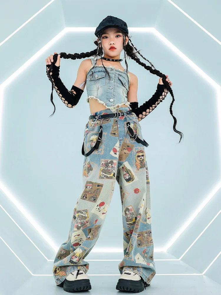 

Girls Kpop Suit Jazz Dance Clothes Denim Crop Tops Poker Partten Pants Hip Hop Competition Costume Kids Stage Performance Set