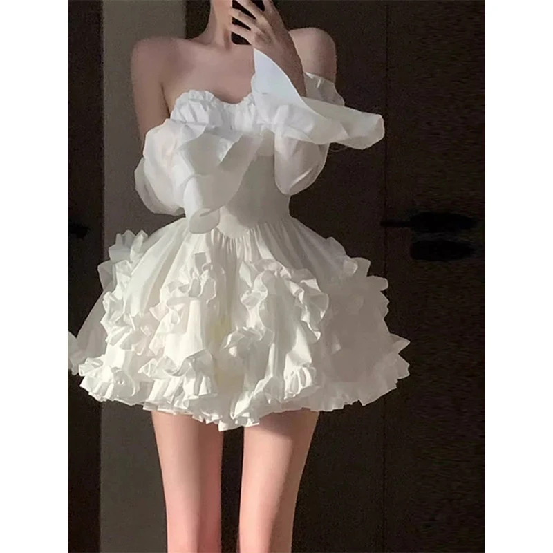 

Elegant White Mini Dress Women Fashion Party Prom Luxury Strapless Dresses Summer Korean Sexy Ruffles Backless Bodycon Vestidos