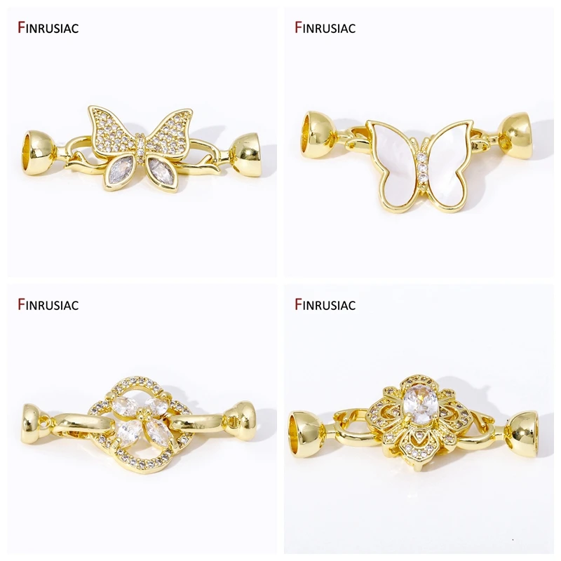 4 Styles 18K Gold Plated Inlaid Zircon Butterfly Flower Pearl Clasp Fastener Connector For DIY Bracelet Necklace Making Supplies