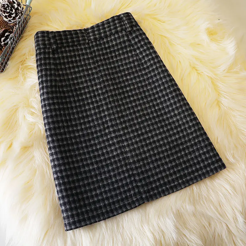Vintage High Waist Plaid All-match A-line Skirt Autumn Winter Button Patchwork Elegant Midi Skirt Fashion Office Women Clothing