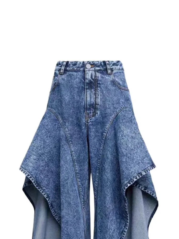 American Retro Ladies Button Wide-Leg Denim Pants Female Versatile Irregular Ruffled Trousers Women Solid Color Pockets Jeans