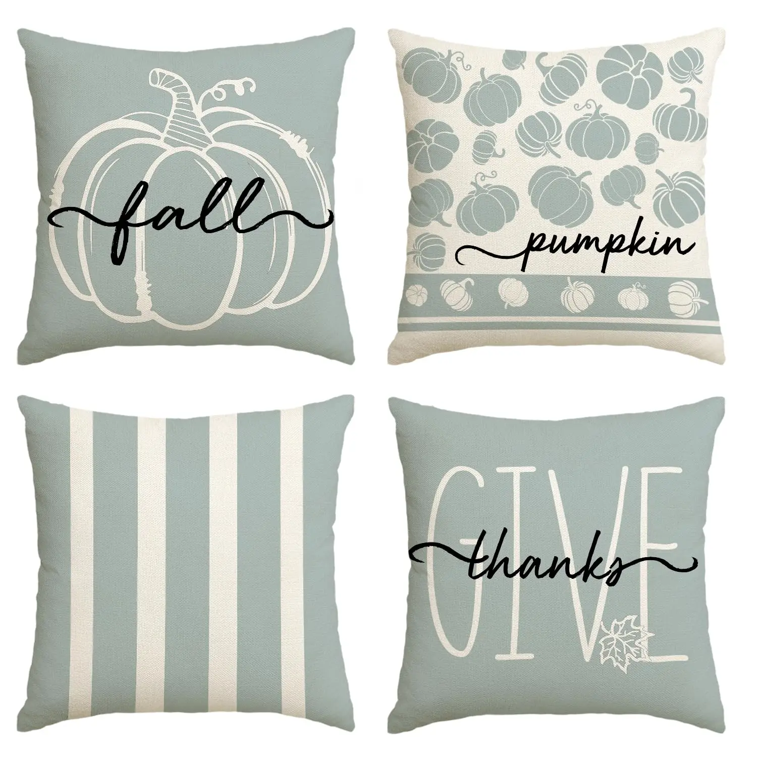 

Fall Pumpkin Give Thanks Throw Pillow Covers, Autumn Thanksgiving Harvest, Aqua Vertical Stripes Decor for Couch, Set of 4