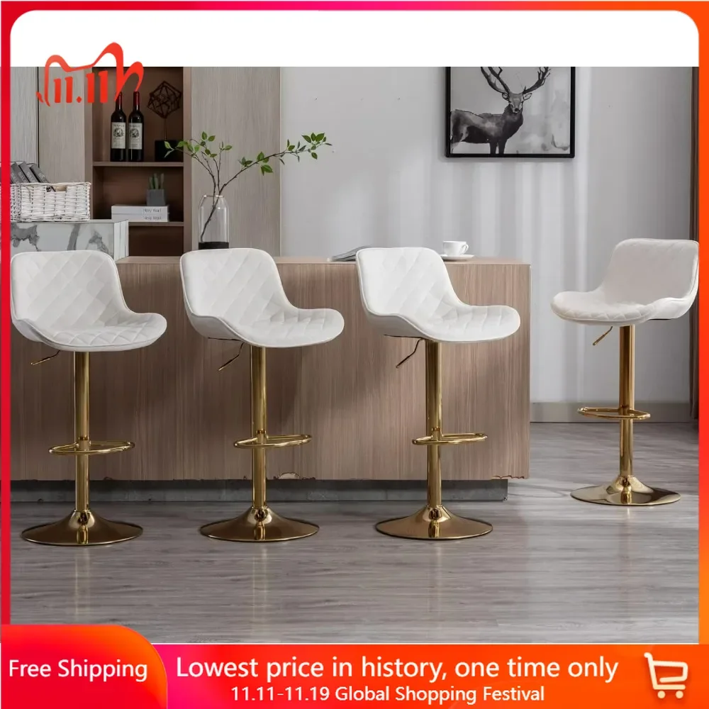 Bar Stools Set of 4 Counter Height Gold Barstools with Back Adjustable Bar Chairs Velvet Upholstered Kitchen Counter Stools