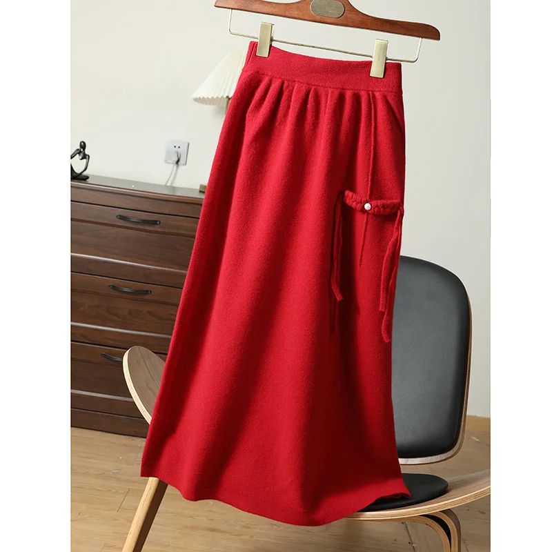 

Autumn And Winter 100% Pure Wool Skirt Ladies High Waist Pearl Buckle Fashion Joker Knit Skirt Casual Loose Cashmere Dress