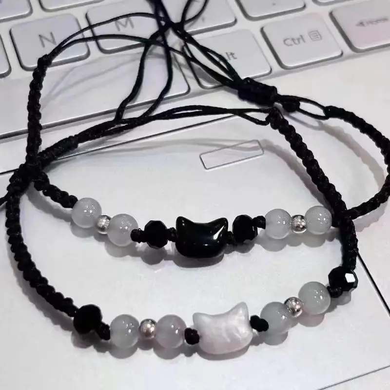 Natural Moonstone Obsidian Bracelets Couple Minimalist Bracelet Handmade Cute Black White Cat Bracelet Party Jewelry Gifts