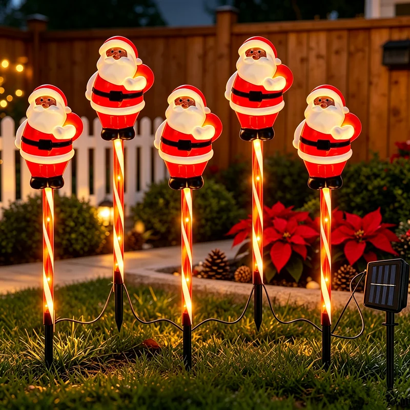 Santa Claus Solar Christmas Pathway Lights, 5 Pack Candy Cane Stake Lights, Waterproof LED Outdoor Garden Yard Lawn Decor Xmas