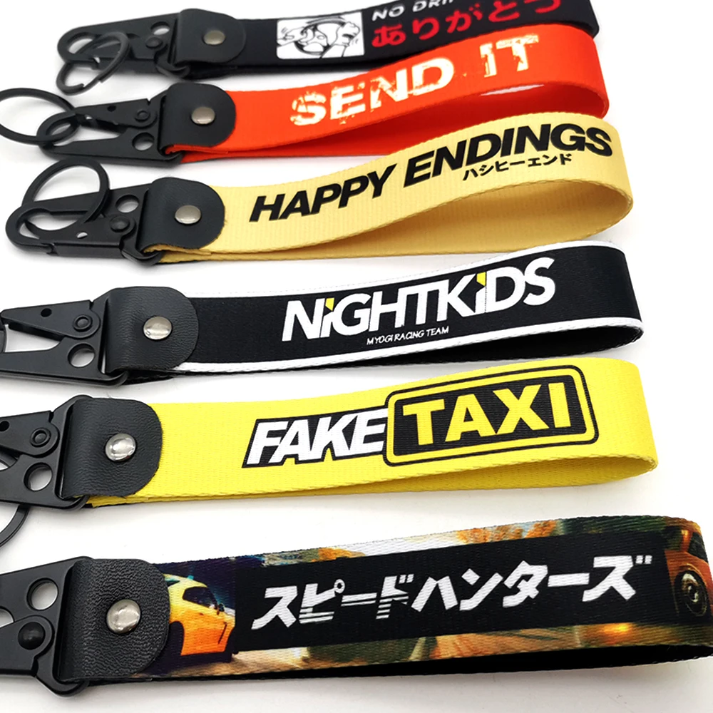 JDM Car Keychain Nylon Racing Japanese Style Gift Lanyard Keyring Auto Key Steel Slogan Design Spring Clip Key Starp Key Pendant