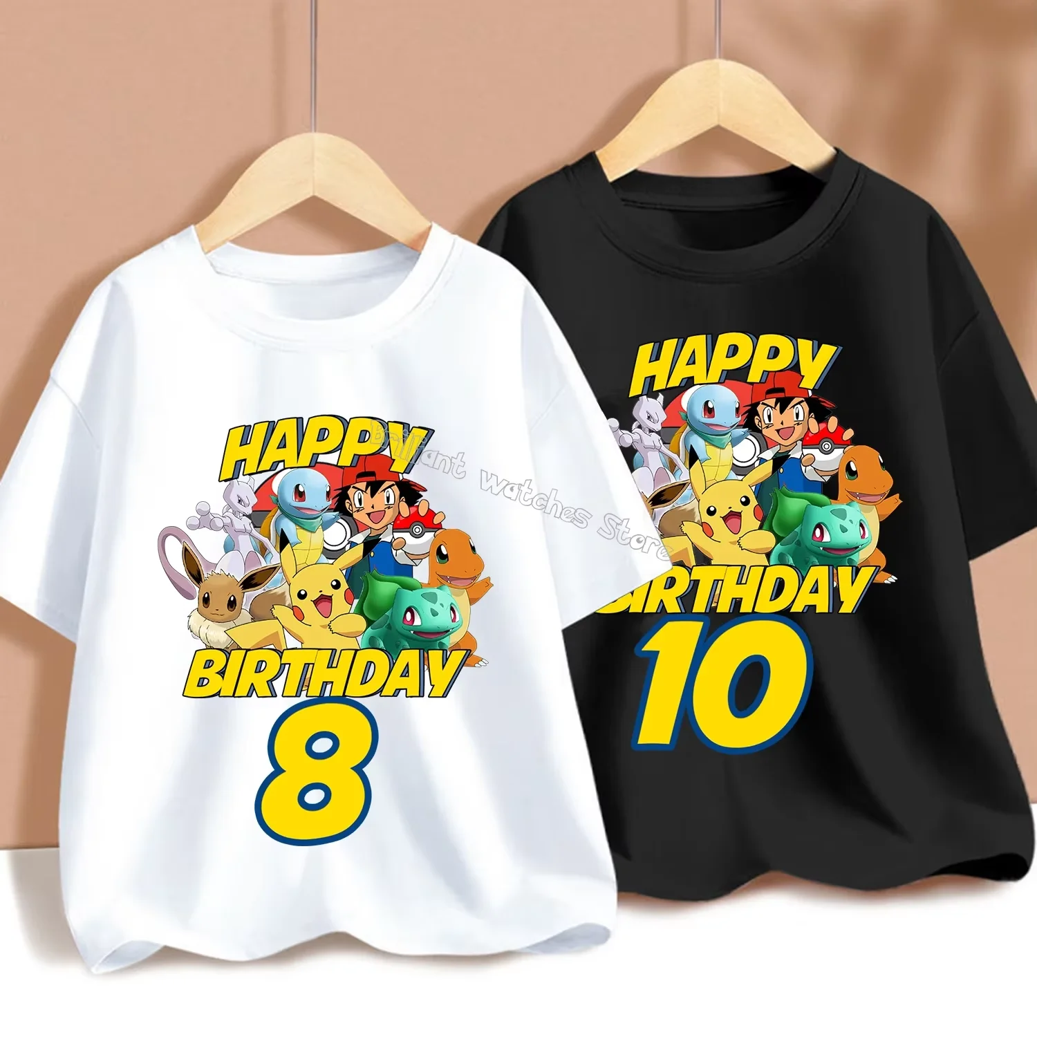 Pokemon T-shirt for Children Cartoon Birthday Figure Tee Top New Anime Kids Tee Black White Short Sleeve Boy Girl Loose Clothing