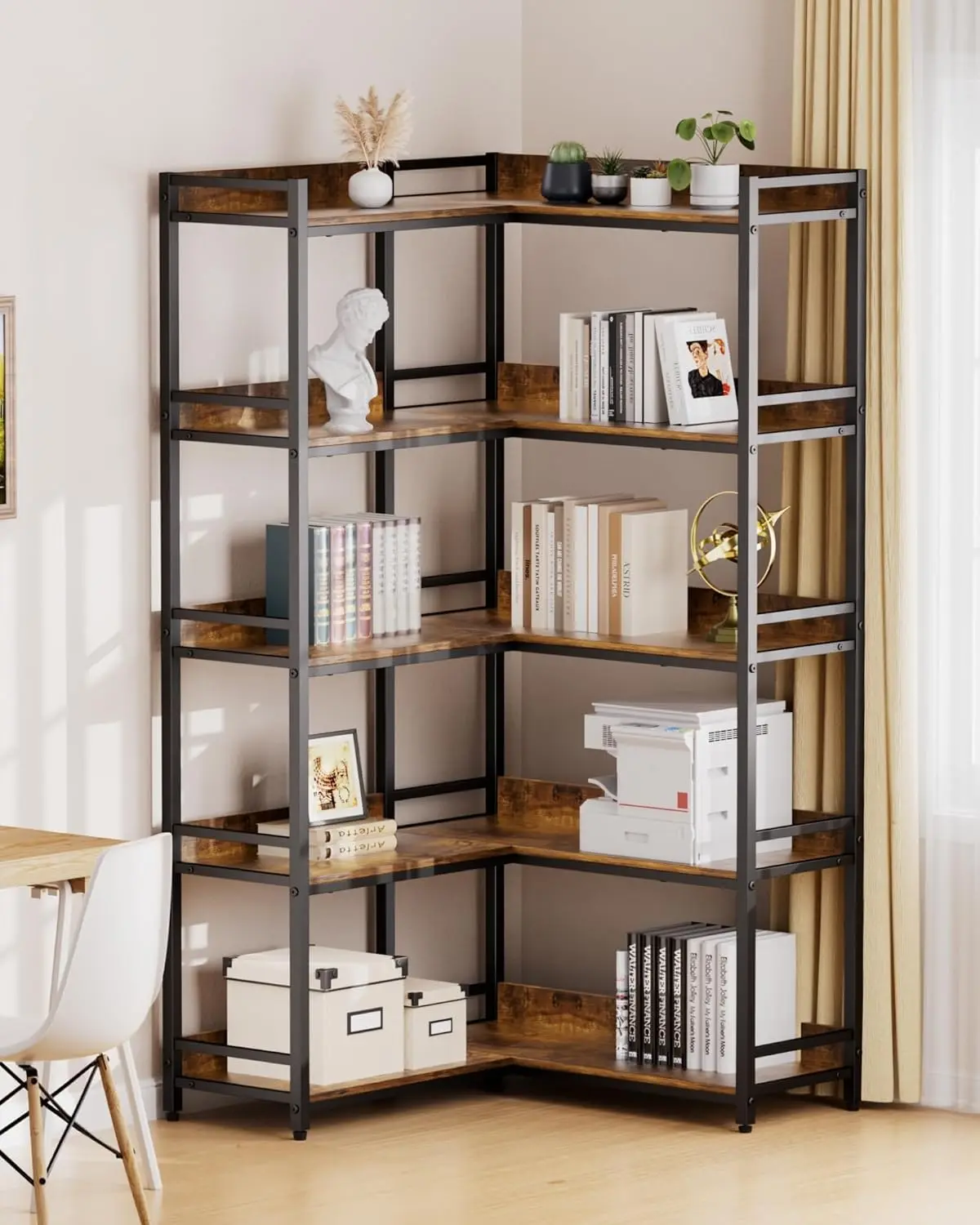 Large 5-Tier Corner Bookshelf - Modern Tall Corner Shelf Storage Display Rack with Sturdy Metal Frame