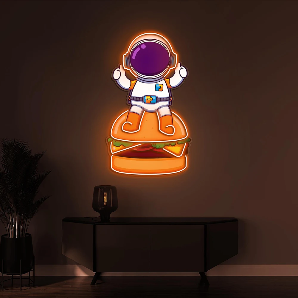 Hamburger Astronaut Neon Sign Custom Burger Astronaut LED Light Fast Food Restaurant Wall Decor Neon Signs Burger Store Art