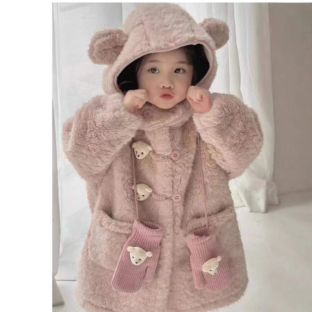 Autumn Winter 2024 Korean Kid Girl Velvet Coat Hooded Solid Hairy Pocket Warm Cartoon Baby Girls Jacket Children Girl Outerwears