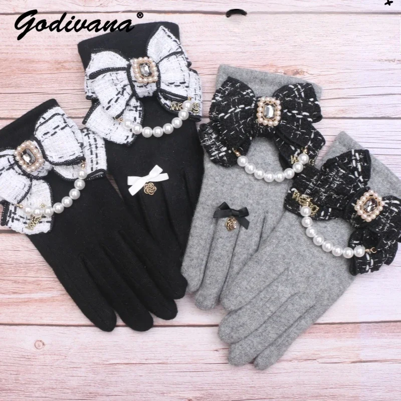 Handmade Bow Sweet Rhinestone Beaded Lady Sweet Finger Wool Gloves Autumn and Winter Thickened Velvet Woolen Gloves