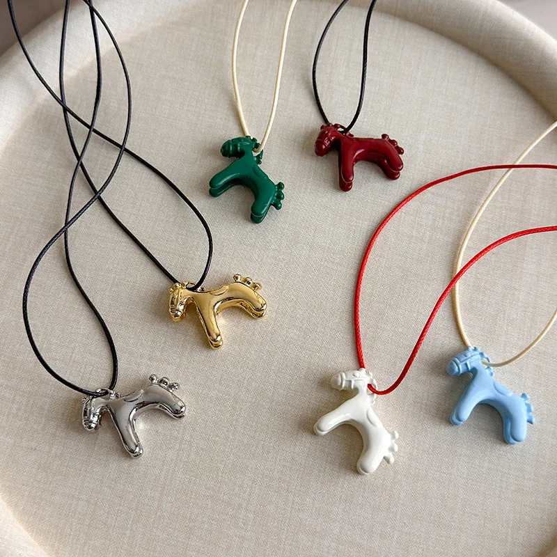 

Minimalism Enamel Drip Glaze Colorful Horse Pendant Long Necklace Adjustable Sweater Chain Simple Accessories Gifts