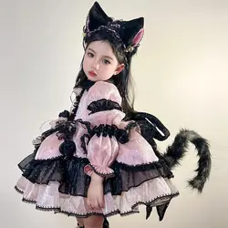 Winter Autumn Girls Spanish Lolita Princess Lace Pink Ball Gown Sweet Cute Cat Birthday Kids  Party Easter Eid Mesh Dresses
