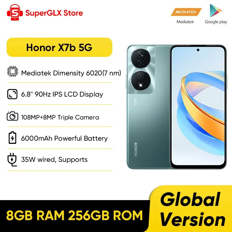 2024 HONOR X7b 5G Global Version Mediatek Dimensity 6020 6,8 "90 Hz Vernieuwingssnelheidsweergave 108 MP Drievoudige camera 6000 mAh Lange batterij