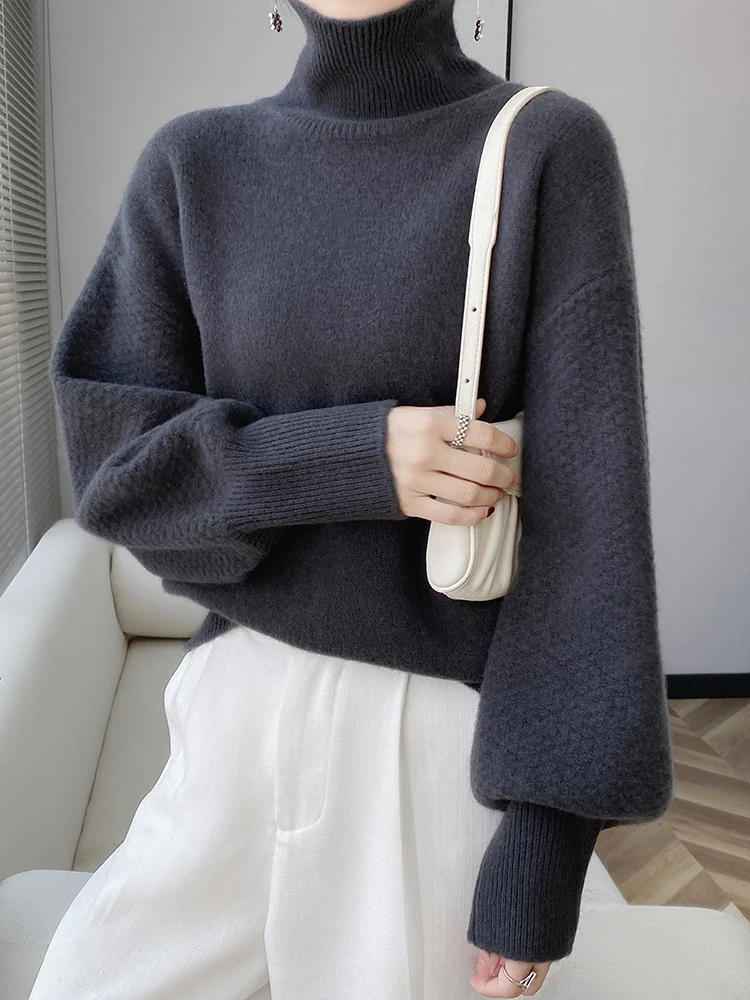 

Autumn Winter Women's Thick Pullover 100% Merino Wool Knitted Sweater Turtleneck Cable Stitch Warm Soft Female Clothing Tops