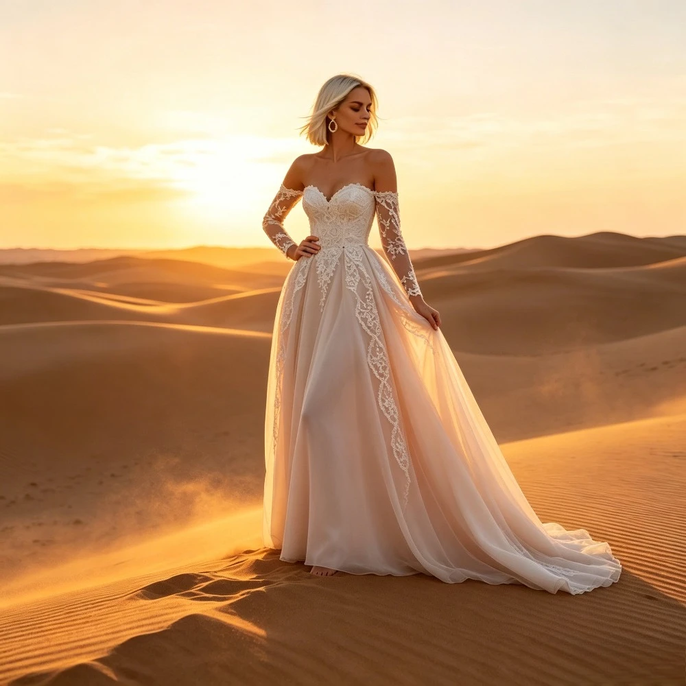 Customized Off Shoulder Long Sleeved Lace Wedding Dress 2026 New White Decal Heart-shaped Neckline Romantic Ruffled Bridal Gown