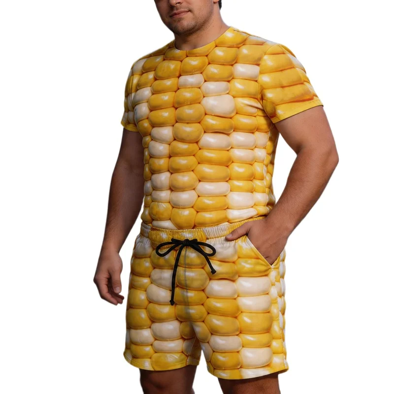 

Novelty Corn Shaped 3D Printing T-Shirts Men's Shorts Sets Unisex Carnival Home Party Funny Theme Clothes Maize Cosplay Cloth