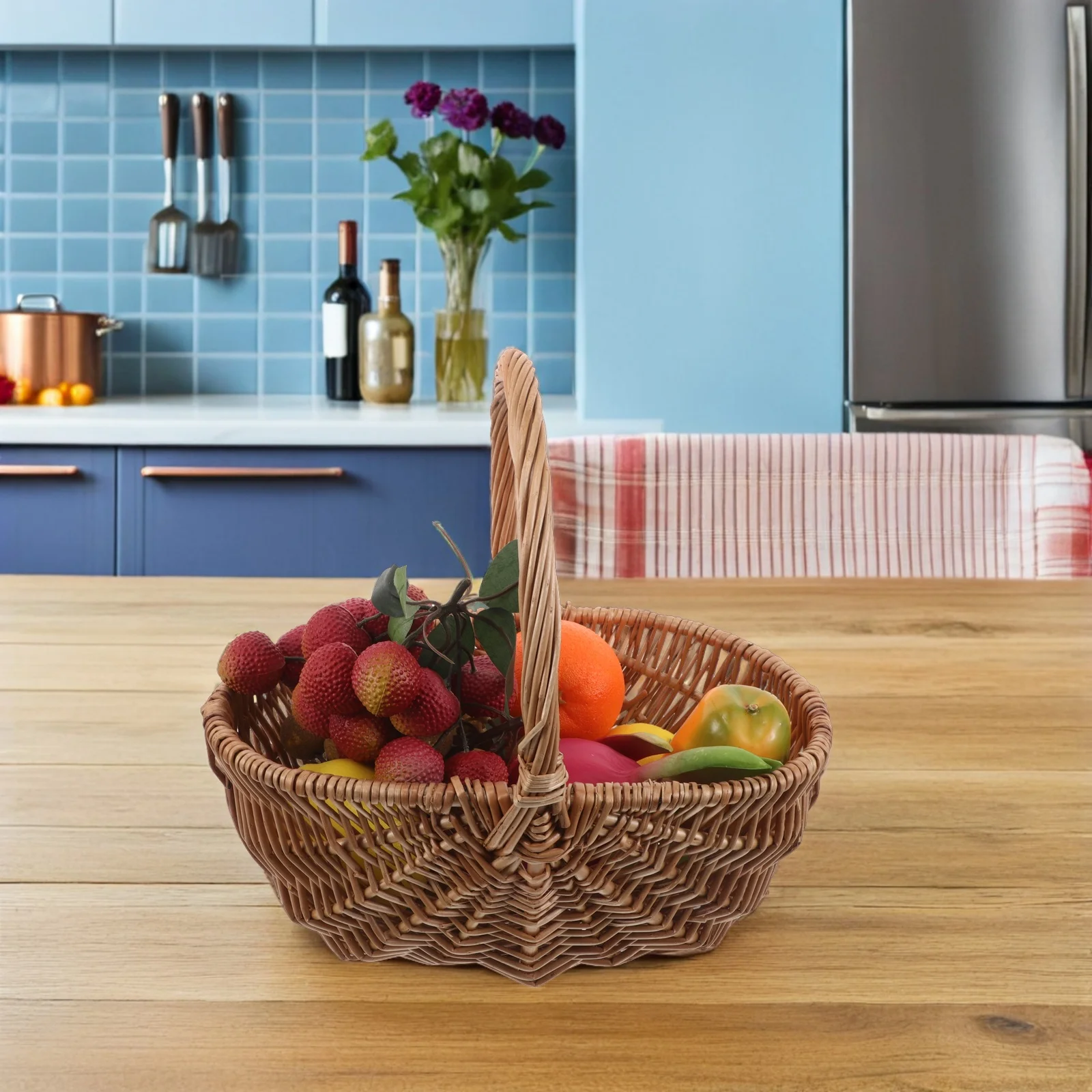 

Wicker Shopping Basket Hand Woven Baskets with Handles Handheld Decorative Flower Fruit Manual