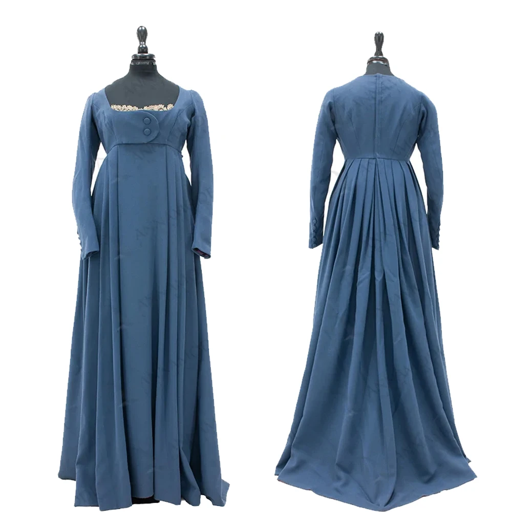 فستان ريجنسي داي جين أوستن للنساء البالغات باللون الأزرق عالي الخصر فستان عتيق للحفلات الفيكتورية