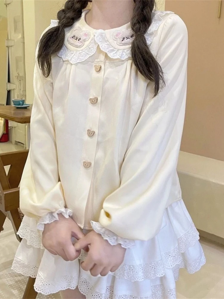 

HOUZHOU Pink Lace Lolita Shirts Women Kawaii Peter Pan Collar Lantern Sleeve Jk Blouses Cutecore Japanese Style Loose Casual