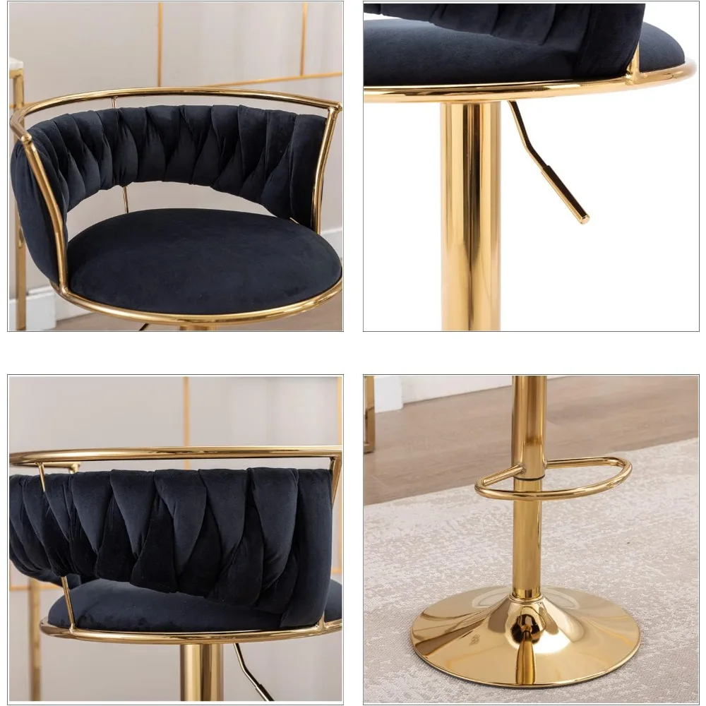 モダンな回転バースツール 3 個セット、ベルベットの高さ調節可能なバースツール ローバック キッチン アイランド カウンター ブラック バーチェア