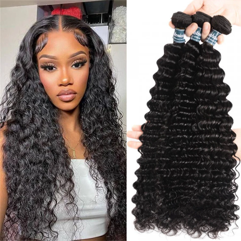 

12A Deep Wave Bundles Deal 100% Unprocessed Brazilian Virgin Human Hair Weave Extensions Wet and Wavy Hair Natural Heveux Humain