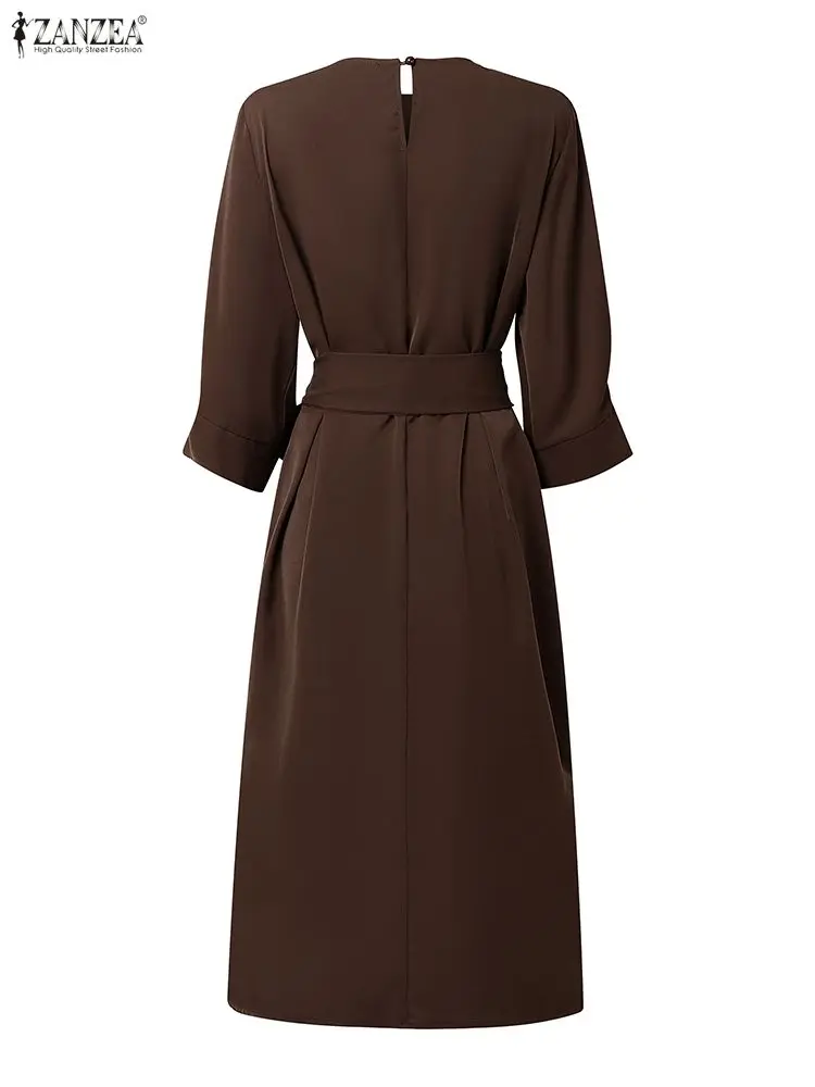 2025 ZANZEA قميص نسائي أنيق Vestidos الخريف 3/4 كم مربوط فستان الشمس للحفلات موضة رقبة مستديرة فساتين متوسطة الطول عادية الصلبة