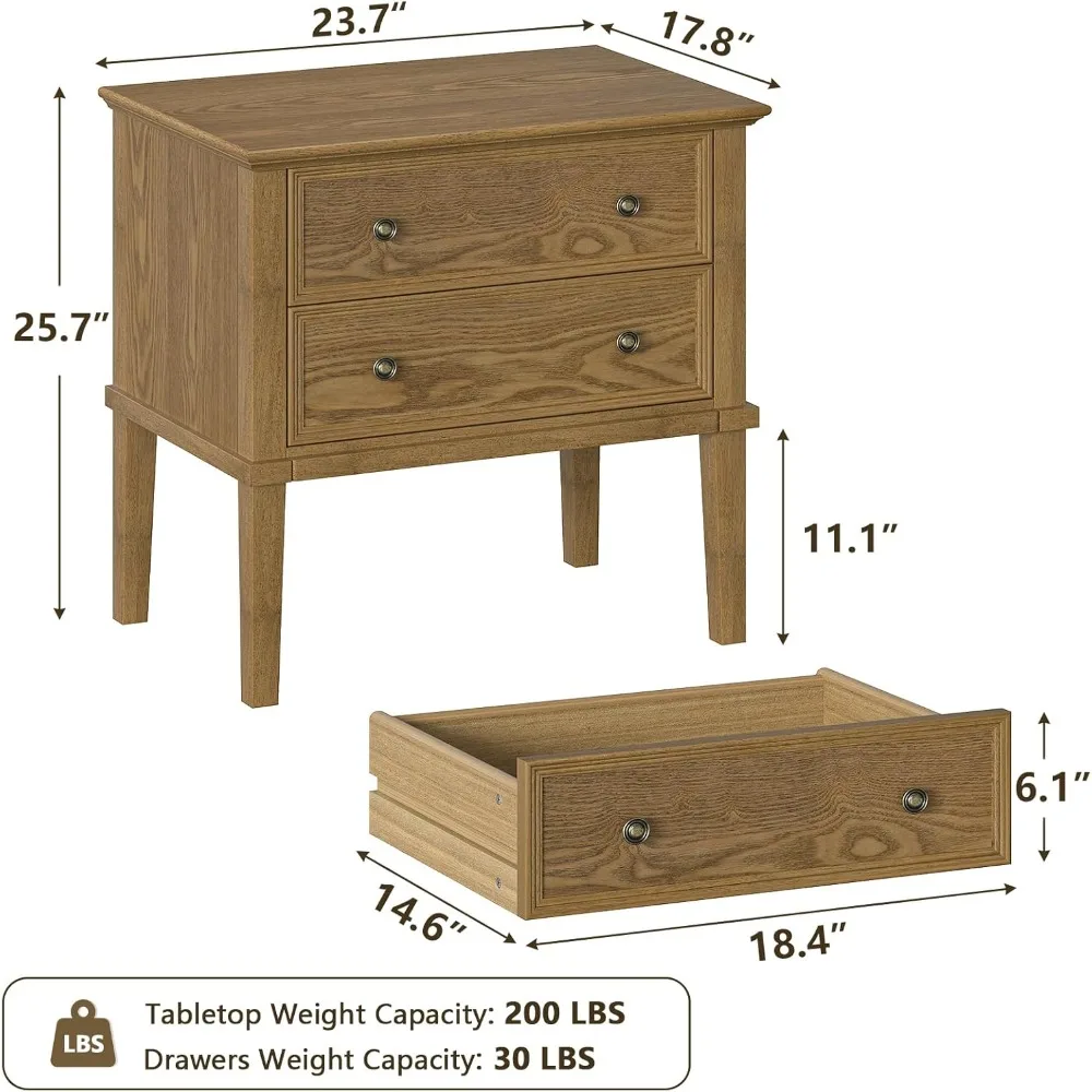 Meja Nakas Kayu Solid dengan 2 Laci, Meja Samping Tempat Tidur/Meja Nakas Praktis, Meja Sudut dengan 2 Laci untuk Kamar Tidur atau Ruang Tamu