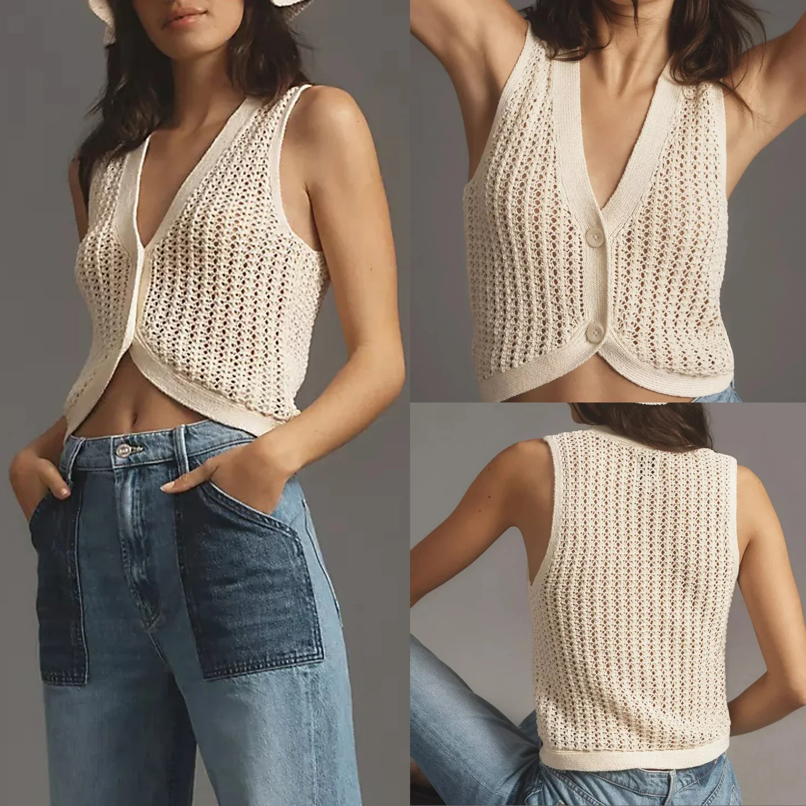 Women's Knitted Tank Tops Beige Hollow Eyelet Sleeveless V-Neck Single-Breasted Open-Stitch Sweaters Vest