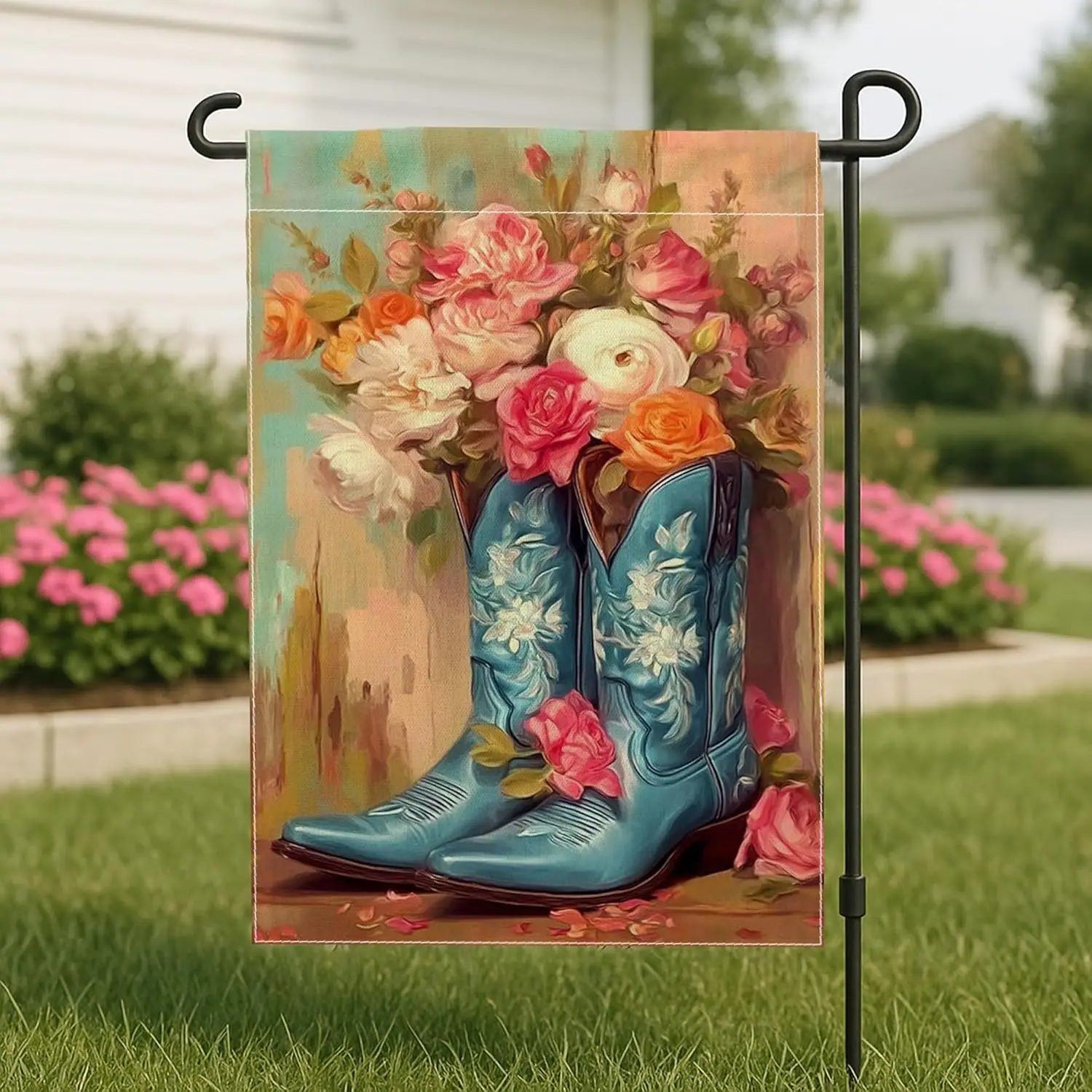 Spring Summer Floral Garden Flag, Blue Western Cowboy Boots with Roses Decorative Garden Banner, Double Sided Burlap Yard Fl UUX